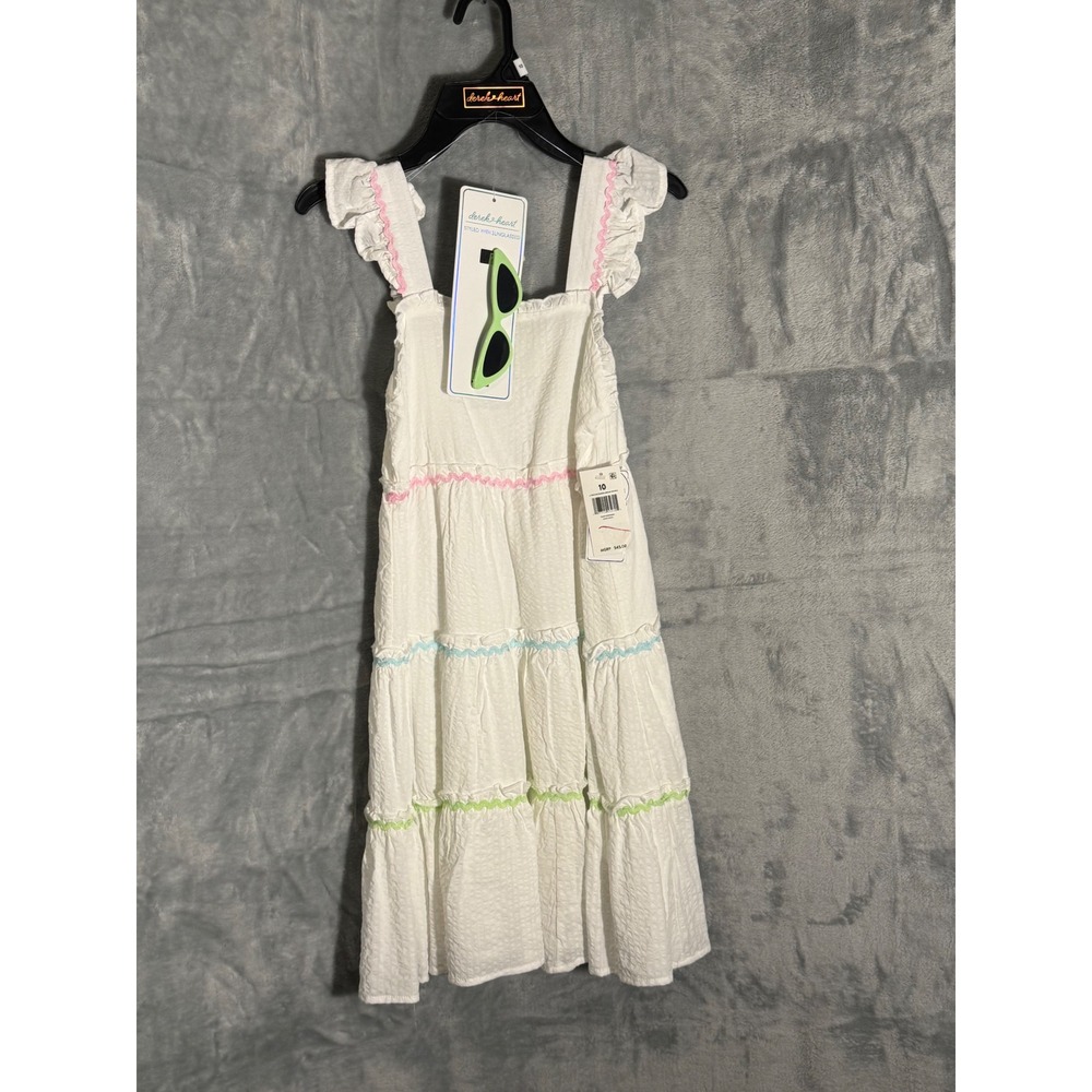 Derek Heart Girls White Tiered Ric Rac Dress with Sunglasses Size 10 new nwt